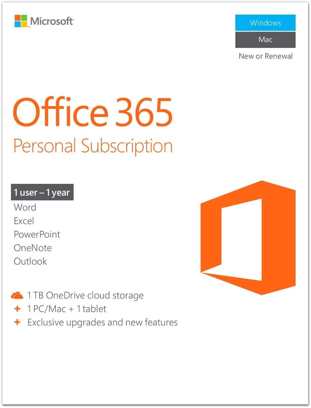 Microsoft Office 365 Personal - 1 Year / 1 PC Or MAC Plus 1 Tablet